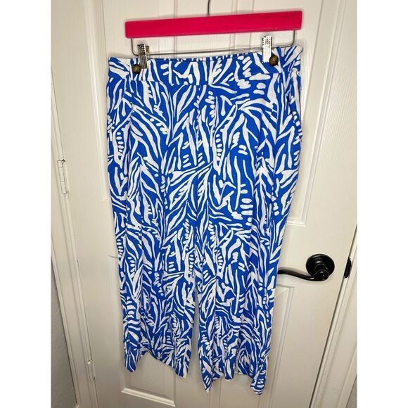 Marc New York Blue White Abstract Leaf Print Linen Blend Pants Sz L Coastal Pool - Picture 1 of 6